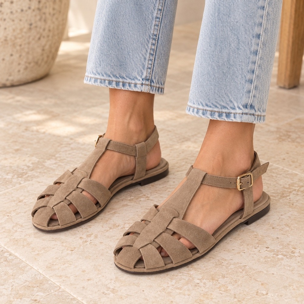 Zara Tan Suede Cage Fisherman Sandals Flat Buckle Ankle Strap Size 40